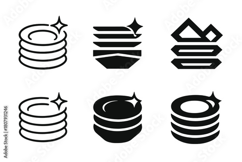 Minimalist Plate Logos. Stacking clean plates. Icon set. Set Logo of stacking clean plates: minimalist dish arrangement. harmonious logo variations of the same