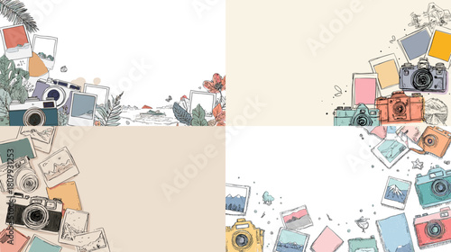 Colorful camera and photo themed corner frames with scattered snapshots and travel elements on a bright background. Great for travel journals social posts posters and creative layouts.