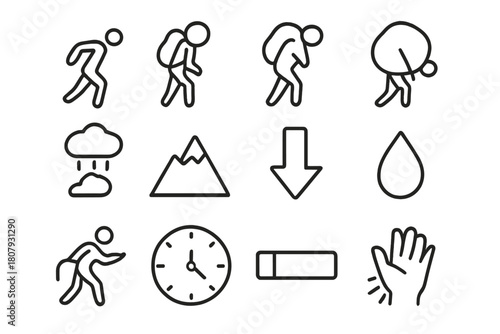 Heavy Burden Icons. Heavy Burden. Line icon set of Heavy Burden: person carrying weight, backpack, boulder, chain, stress cloud, mountain, downward arrow,