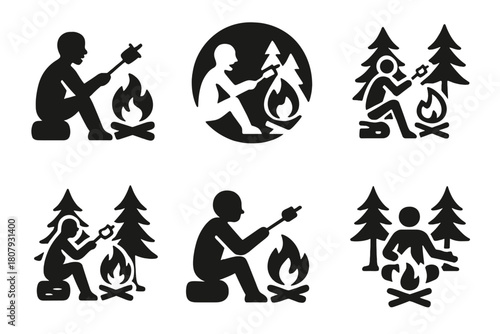 Campfire Logo Variations. A person sitting by a campfire in the woods, roasting marshmallows and telling stories. Icon set. Set Logo of A person sitting by a