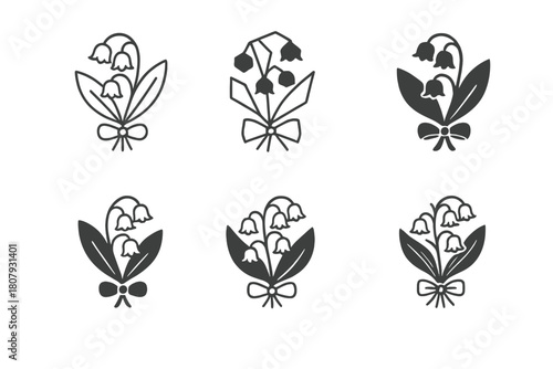 Lily of the Valley Logos. Lily of the Valley. Icon set. Set Logo of Lily of the Valley: delicate flower stem with bells. harmonious logo variations of the same