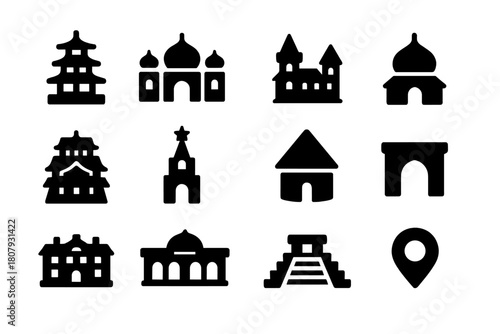 Cultural Palaces Icons. Cultural palaces. Solid icon set of Cultural palaces: Asian pagoda, Indian palace, European chateau, Arabic dome, Japanese castle,