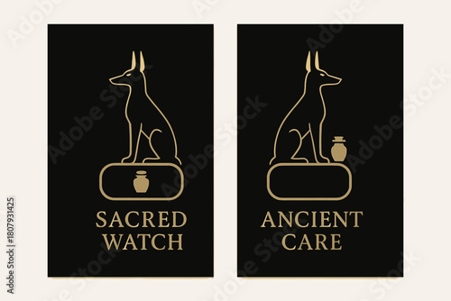 Jackal Banner Art. Jackal Guardian. Two vertical A6 banners with safe margins, centered composition, no elements touching edges, minimal, black and gold,
