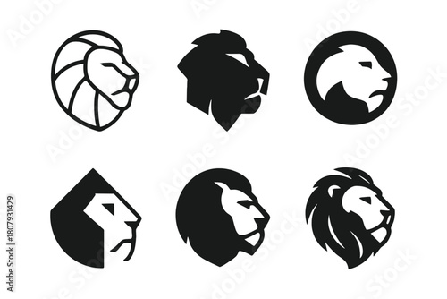 Lion Mascots Icons. Team mascots. Icon set. Set Logo of Team mascots: Lion mascot. harmonious logo variations of the same emblematic concept (Minimal outline,
