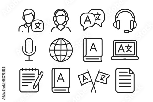 Language Services Icon Set. Language services. Line icon set of Language services: translator, interpreter, speech bubble, laptop, headphones, microphone,