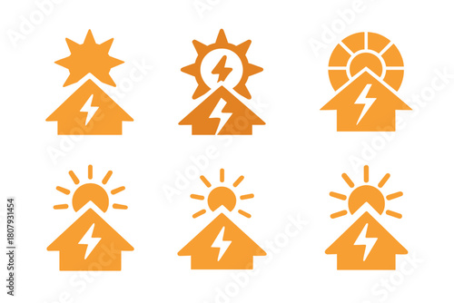 Solar Roofing Logos. Solar roofing systems. Icon set. Set Logo of solar roofing systems: roof ridge with integrated solar ventilator. harmonious logo