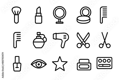 Makeup Styling Icons. Makeup and styling. Line icon set of makeup and styling: makeup brush, lipstick, mirror, powder compact, comb, perfume bottle, hair