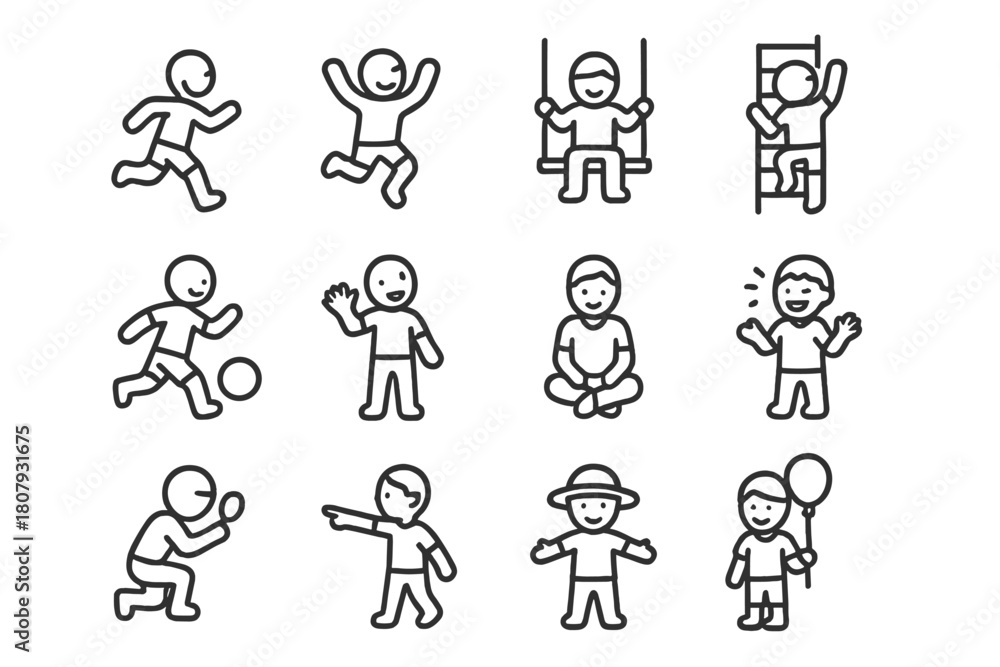 Fototapeta premium Children's Outdoor Icon Set. Children?s outdoor fun. Line icon set of Children?s outdoor fun: child running, child jumping, child swinging, child climbing,