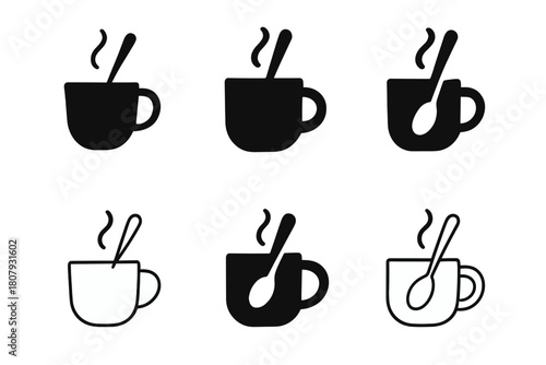 Spoon Stirring Icons. Preparing a warm drink. Icon set. Set Logo of Spoon: Stirring beverage. Abstract geometric, Filled silhouette, Flat solid, Minimal