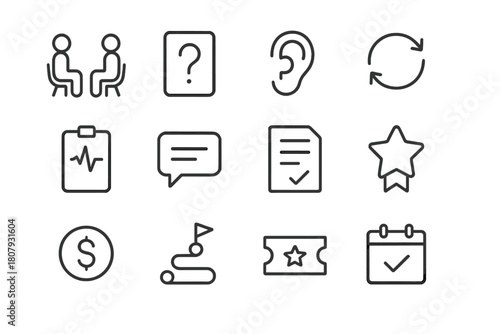 Stay Interview Icons. Stay interviews and feedback. Line icon set of stay interviews and feedback: one-on-one chairs, question card, listening ear, feedback