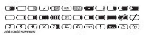 Mobile battery doodle Hand drawn set. Collection pen ink pencil drawing sketches connection indicator isolated. low or high energy charge