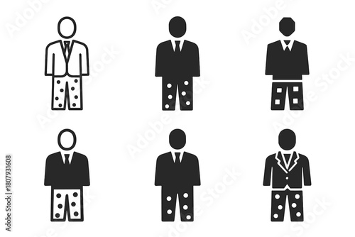 Work-From-Home Fashion Icons. work-from-home fashion. Icon set. Set Logo of work-from-home fashion: person in blazer and pajama pants. harmonious