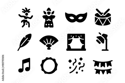 Carnival Icon Set. Carnival celebration. Solid icon set of Carnival celebration: dancer, costume, mask, drum, feather, fan, stage, spotlight, music note,