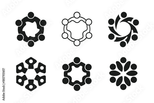 Community Unity Logos. Community unity. Icon set. Set Logo of Community Unity: interconnected hands forming a circle. harmonious logo variations of the same