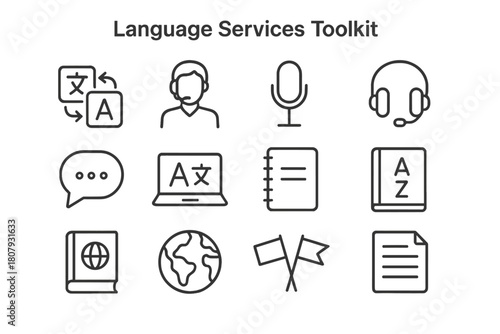 Language Toolkit Icons. Language services toolkit. Line icon set of Language services toolkit: translator, interpreter, microphone, headphones, speech bubble,