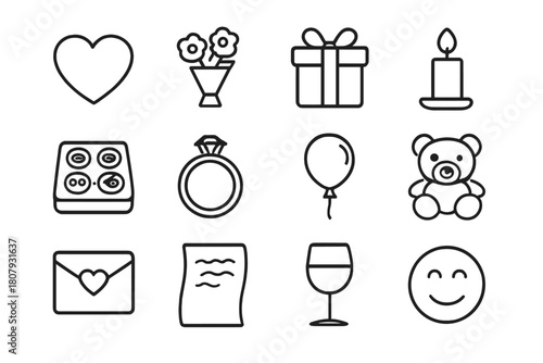 Romantic Icon Set. Romantic Moments. Line icon set of Romantic Moments: couple, candle, wine glass, flower, moon, heart, star, photo frame, ring, cloud,