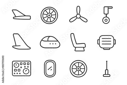 Aircraft Parts Icons. Aircraft parts. Line icon set of aircraft parts: wing, turbine, propeller, landing gear, tail fin, cockpit, seat, engine, control panel,