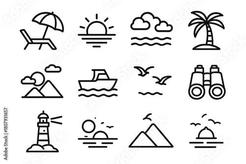 Sunset Relaxation Icons. Sunset relaxation. Line icon set of Sunset relaxation: deck chair, beach umbrella, sun, horizon, clouds, ocean waves, palm tree,