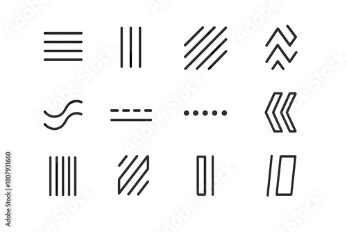 Stripe Icon Set. Stripe. Line icon set of stripe: horizontal stripe, vertical stripe, diagonal stripe, zigzag stripe, wavy stripe, dashed stripe, dotted