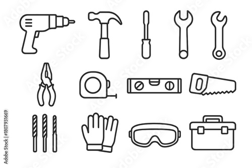 Tool Kit Icon Set. Tool kit essentials. Line icon set of Tool kit essentials: toolbox case, hammer, wrench, screwdriver, pliers, saw, drill, tape measure,