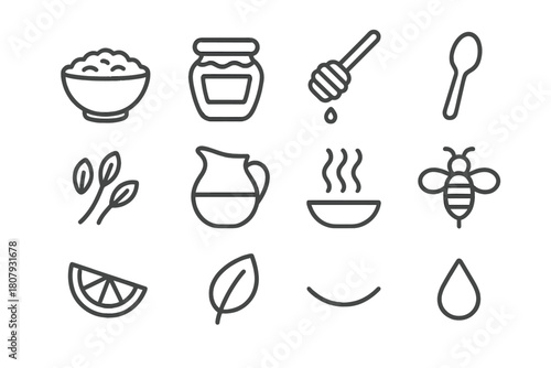 Oatmeal Honey Icons. Oatmeal with honey. Line icon set of oatmeal with honey: bowl of oats, honey jar, honey dipper, spoon, oats grain, milk jug, steam, bee,