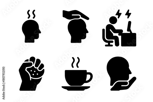 Workplace Stress Icons. Handling workplace stress and managerial support. Icon set. Set Logo of Relaxation Tools: Stress ball and cup of tea. Flat solid,