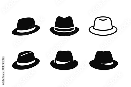 Timeless Hat Logos. Old hat. Icon set. Set Logo of old hat: tilted gentleman?s hat symbol of timeless style. harmonious logo variations of the same emblematic
