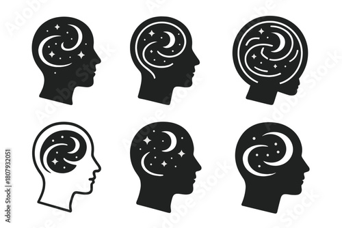 Swirling Thoughts Logos. Night sky filled with swirling thoughts. Icon set. Set Logo of night sky filled with swirling thoughts: flowing stars and waves.