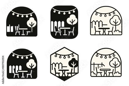 Outdoor Fairy Lights Icons. Setting up outdoor fairy lights. Icon set. Set Logo of setting up outdoor fairy lights: illuminated backyard scene. harmonious logo