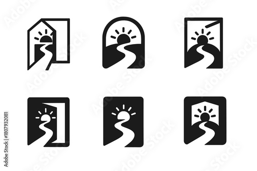 Escapism Logo Variations. escapism in marketing. Icon set. Set Logo of escapism in marketing: open door to dream landscape. harmonious logo variations of the