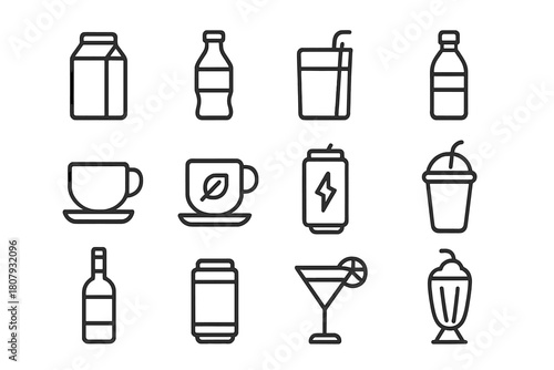 Beverage Icon Set. Beverage toast. Line icon set of beverage toast: wine glass, clinking glasses, cocktail glass, martini glass, champagne flute, beer mug,