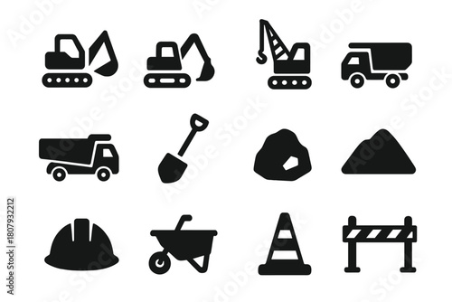 Heavy Equipment Icons. Heavy equipment. Solid icon set of heavy equipment: excavator, bulldozer, crane, dump truck, truck, shovel, rock, soil pile, helmet,