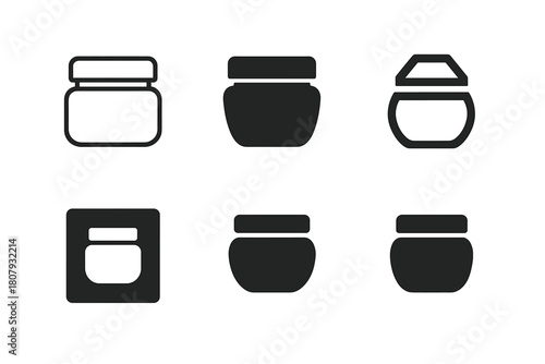Moisturizer Jar Logos. Moisturizer jar mockup. Icon set. Set Logo of moisturizer jar mockup: jar with SPF sun badge. harmonious logo variations of the same