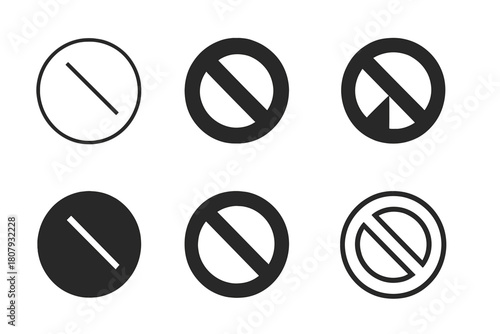 No Entry Icons. Restrictions. Icon set. Set Logo of No Entry: Circle with diagonal line. Minimal outline, Filled silhouette, Abstract geometric, Negative