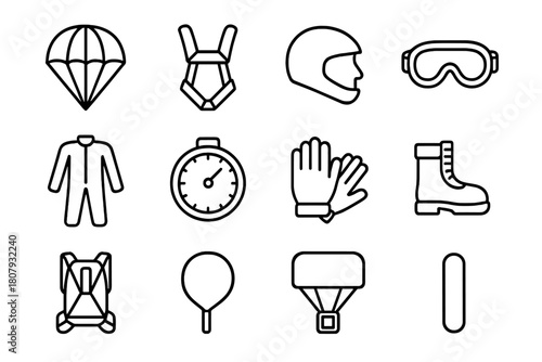 Parachutist Gear Icons. Parachutist equipment kit. Line icon set of parachutist equipment kit: parachute, harness, helmet, goggles, jumpsuit, altimeter,