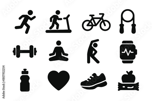 Physical Activity Icons. Physical Activity. Solid icon set of Physical Activity: running person, treadmill, bicycle, jump rope, dumbbell, yoga pose,