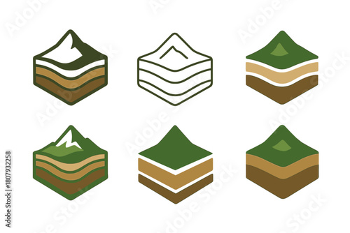 Earth Layers Icons. Earth layers. Icon set. Set Logo of earth layers: cross-section of Earth showing crust, mantle, and core. harmonious logo variations of the