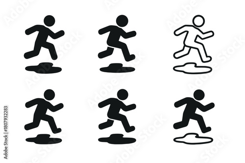 Jumping Puddle Logos. Jumping over puddles. Icon set. Set Logo of Jumping over puddles: Person landing after jump. harmonious logo variations of the same