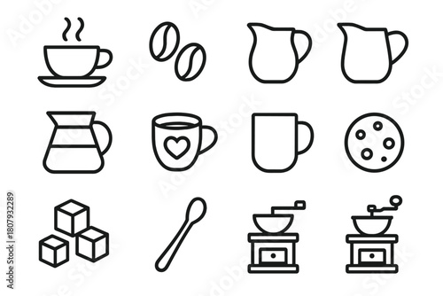 Coffee Icon Set. Coffee shop design. Line icon set of coffee shop design: coffee cup, mug, coffee bean, steam, aroma swirl, leaf, grinder, sack, label tag,