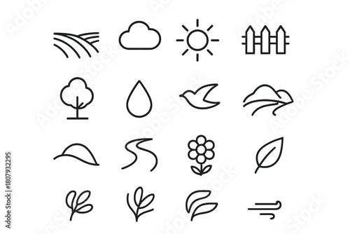 Agricultural Line Icons. Agricultural landscape. Line icon set of agricultural landscape: field, plowed rows, tree, mountain, sun, house, cloud, farmer,