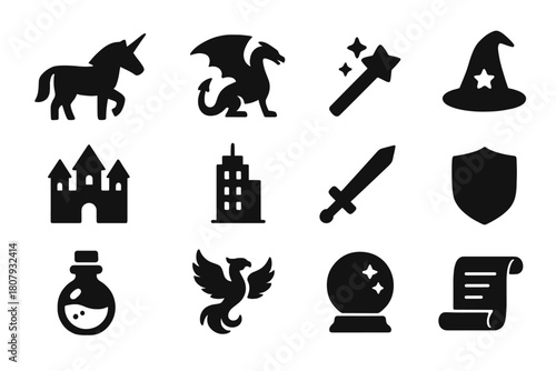Fantasy City Icons. Fantasy in City Life. Solid icon set of Fantasy in City Life: unicorn, dragon, magic wand, wizard hat, castle, skyscraper, sword, shield,