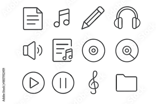 Playlist Icon Grid. Playlist sheet setup. Line icon set of Playlist sheet setup: sheet of paper, music note, pencil, headphones, speaker, playlist icon,