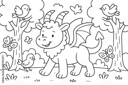 Cheerful Chimera Adventure. Friendly fantasy forest children?s coloring book illustration, outlined drawing, a cheerful chimera walking among trees with