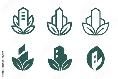 Eco Building Icons. Energy-efficient buildings. Icon set. Set Logo of energy-efficient buildings: eco-friendly building emitting radiant energy