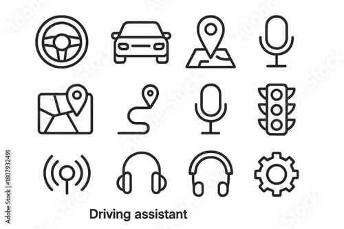 Driving Assistant Icons. Driving assistant. Line icon set of Driving assistant: steering wheel, car, GPS pin, map, route line, microphone, speaker, turn arrow,