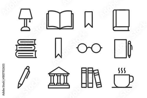 Reading Nook Icons. Reading nook. Line icon set of reading nook: armchair, bookshelf, floor lamp, cushion, blanket, book, small table, teacup, rug, window,