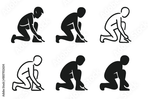Jogging Logo Variations. Tying shoelaces before jogging. Icon set. Set Logo of Tying shoelaces before jogging: Jogger in motion. harmonious logo variations of