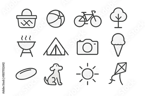Weekend Family Icons. Weekend family activities. Line icon set of weekend family activities: picnic basket, ball, bicycle, park tree, barbecue grill, tent,
