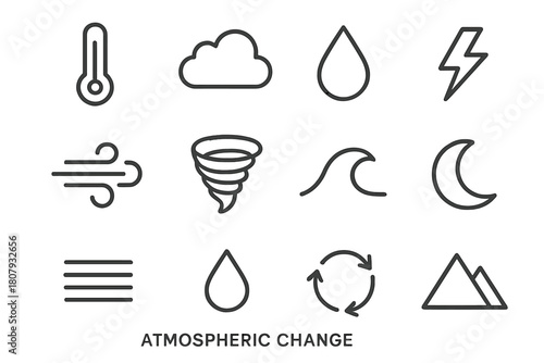 Atmospheric Icons Set. Atmospheric change. Line icon set of atmospheric change: thermometer, cloud, raindrop, lightning, wind, tornado, wave, moon, fog,