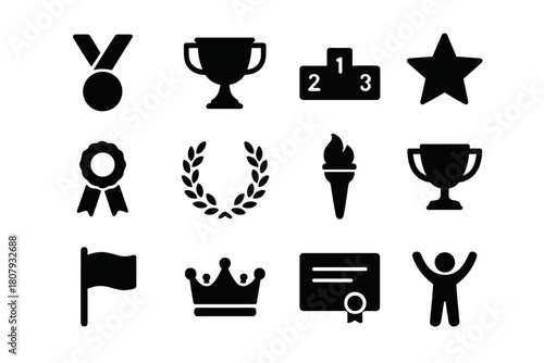 Winning Icons Collection. Winning Moment. Solid icon set of Winning Moment: medal, trophy, podium, star, ribbon, laurel wreath, torch, trophy cup, flag, crown,